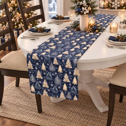 OHOME Navy Blue Xmas Tree Snowflake Winter Table Runner - Christmas Decorations, 73x13 inches, Festive Table Decor
