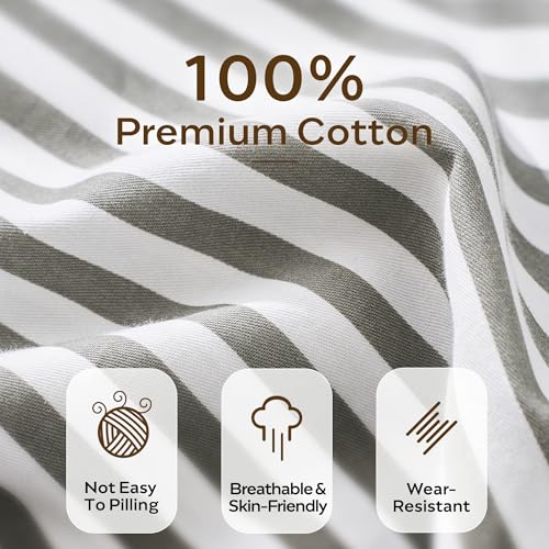 100% Cotton Queen Duvet Cover Set - Soft Grey Striped 3-Piece Bedding