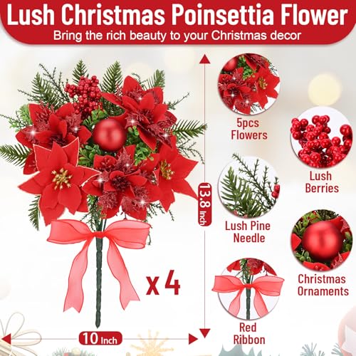 Velvet Red 4-Pack Poinsettia Artificial Flowers for Outdoors/Indoors - 13.8in Stems with Berry Accent