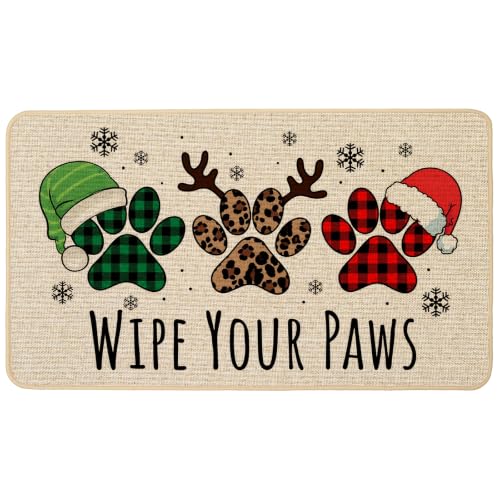 Baccessor Christmas Doormat 17x29 Inch Buffalo Plaid Dog Paws Farmhouse - 3 Dog Paws Variant