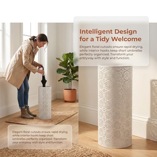 Metal Umbrella Stand for Entryway, Round Rustproof Organizer with 3 Hooks