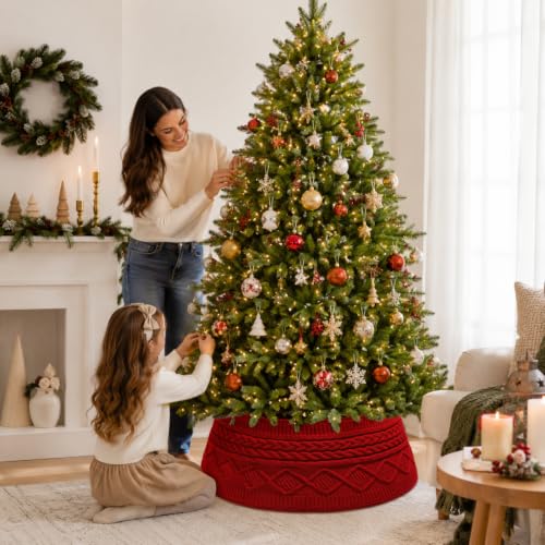 UXORSN 28 Inch Red Knitted Christmas Tree Collar Rustic Cable Knit Tree Skirt