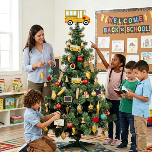 Wooden School Bus LED Tree Topper - 8x8 Inch Lighted Classroom Decor