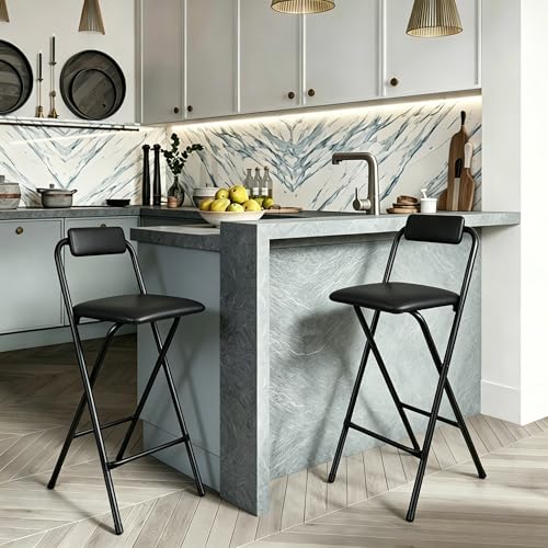 29.5-Inch Folding Bar Stool with Back, Padded Leather Counter Stool
