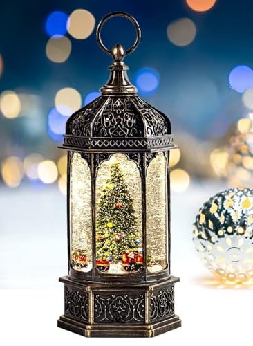 Musical Christmas Tree Snow Globe Lantern with Rotating Train & Timer
