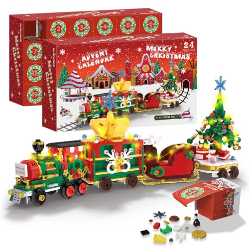 MINYSIC Advent Calendar 2025 Building Blocks Set with LED Light (Red/Green - Christmas Train)