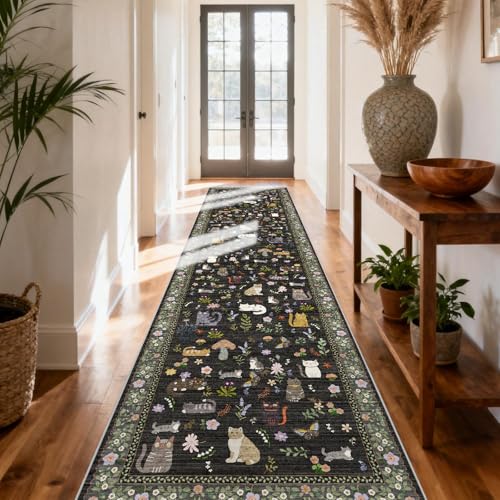 Washable 2x10 Hallway Runner Rug - Non-Slip Low Pile Cat Print Carpet
