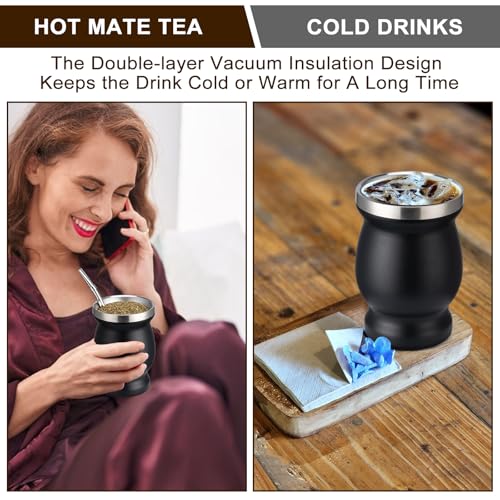 Husfunov 8oz Yerba Mate Cup Black Double-Wall Stainless Steel Travel Mug