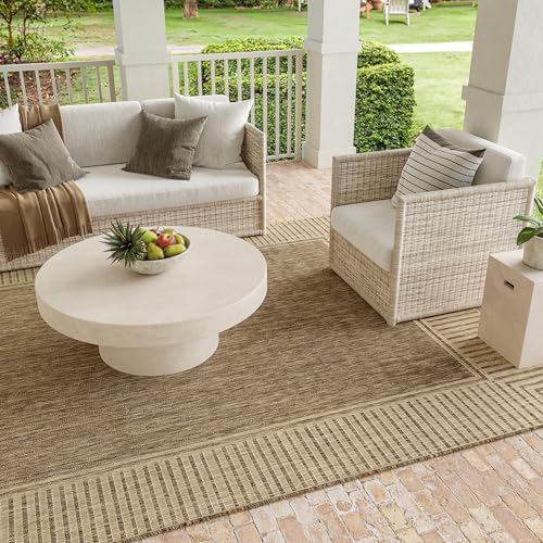 nuLOOM 2x8 Outdoor/Indoor Asha Area Rug, Light Brown, Casual Design With Striped Border, Stain Resistant, Highly Durable, For Patio, Balcony, Bedroom, Living Room, Dining Room, Bathroom