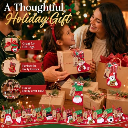 24-pack Mini White Fur Christmas Stockings with Embroidered Snowflake & Holiday Character Mix