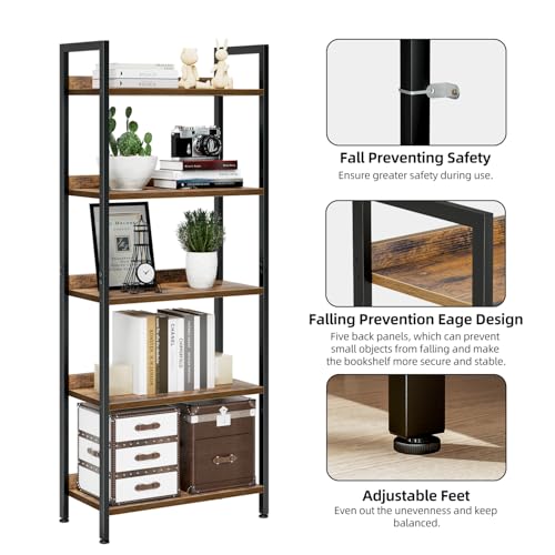 5-Tier Freestanding Bookshelf - Metal Frame & Wood Shelving Unit