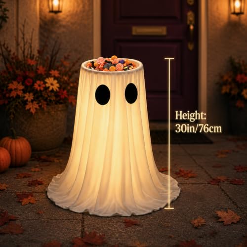 30-Inch Lighted Halloween Ghost Candy Bowl Holder with Remote Timer