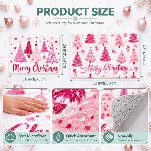 Moukeren Pink Christmas Tree Bathroom Set with Rugs & Hand Towels - Non-Slip, Absorbent Holiday Decor