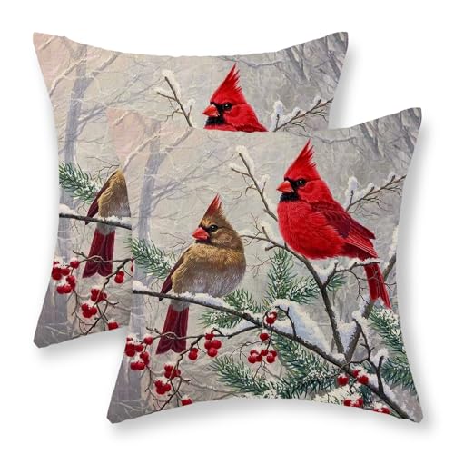 GOLIANDA Red Bird 18x18 Inch Christmas Pillow Covers Set of 2 Linen Holiday Decor