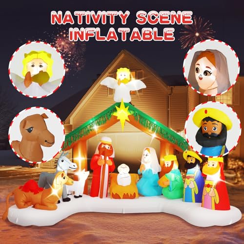 Elegear 12FT Nativity Scene Inflatable - Outdoor Christmas Decorations with LED Lights