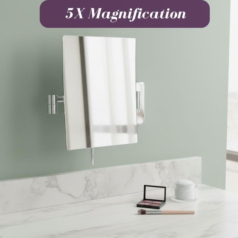 JERDON Wall Mount Makeup Mirror with 5X Magnification - 8.75” x 6.5” Rectangular Mirror Extends 14” – Chrome Finish – Model JRT695C