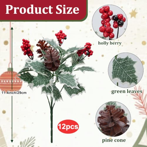 12Pcs Christmas Artificial Flower Set with Holly Berries Pinecones Xmas-12pcs