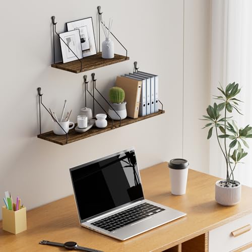 Rustic Paulownia Wood Floating Shelves - Set of 3, No-Drill Wall Storage