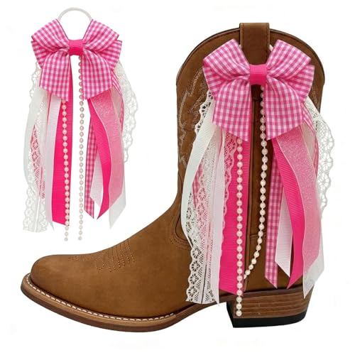 Pink Plaid Cowboy Boot Charms - Layered Ribbon Bow Boot Decor (2 Pcs)