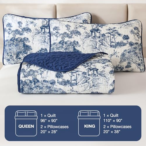 Botanical Floral Queen Quilt Set - 3-Piece Reversible Navy Blue Bedspread