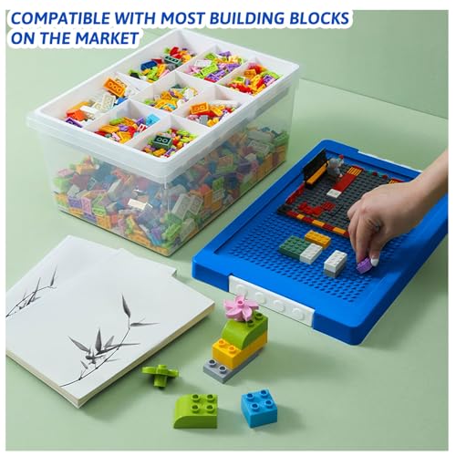 Stackable Plastic Storage Bin with Divided Tray & Building Block Baseplate Lid