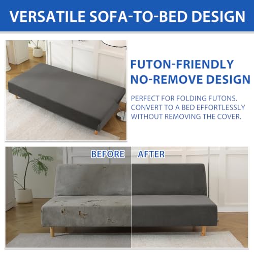 Full Size Velvet Futon Cover - Stretch Armless Sofa Protector, Gray