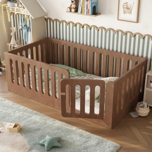 Twin Size Montessori Floor Bed Frame with High Fence and Door, Natural Wood