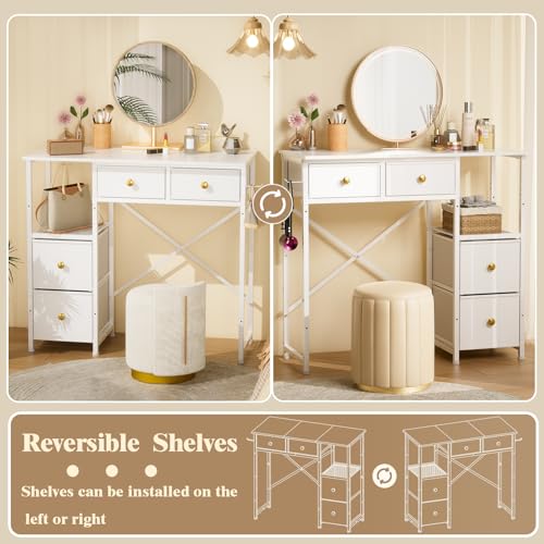 Small White Vanity Desk with 4 Fabric Drawers, 33.5-Inch Dressing Table