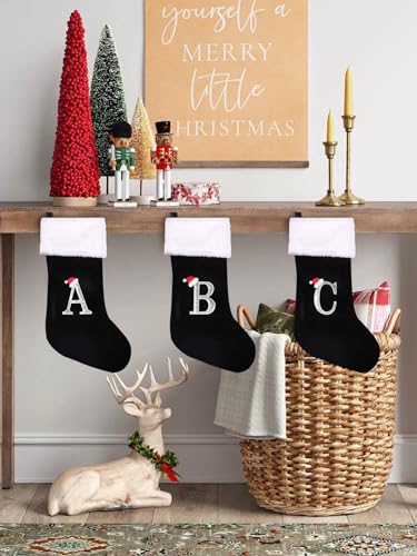 Personalized Monogram Christmas Stocking - 20" Black Velvet & Plush Cuff