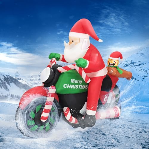 6ft Christmas Inflatable Santa on Motorcycle with Gingerbread Man Lighted Outdoor Decoration