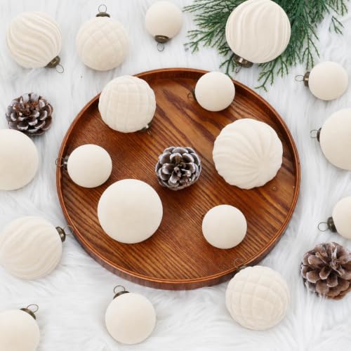 Velvet Christmas Ornaments Set 36pcs Beig e Mixed Flocked Balls Shatterproof for Tree Holiday Decor