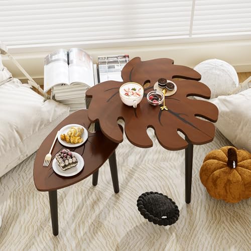 Monstera Leaf Nesting Tables Set of 2, Wooden Side Table Set for Living Room