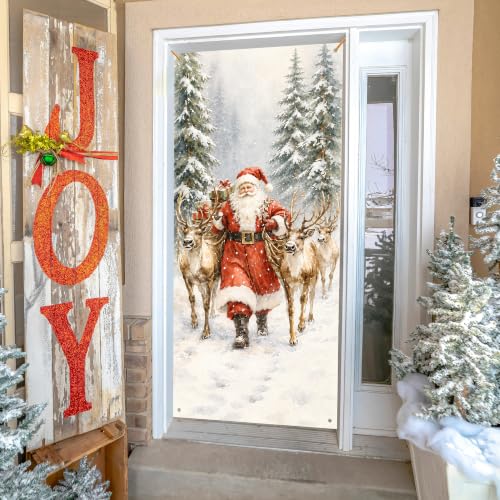 Santa Reindeer Christmas Door Cover - 35x79 in Reusable Curtain - JINYO
