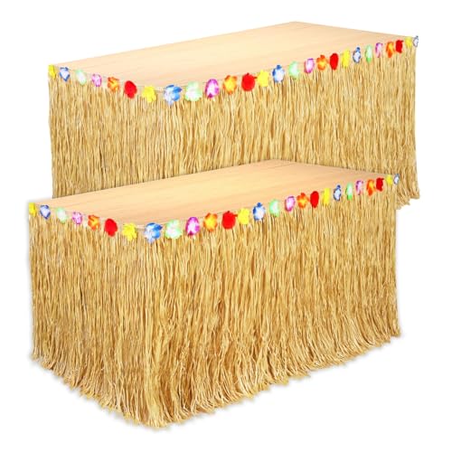 2-Pack Grass Table Skirt for Luau Hawaiian Party Decorations 53.2 x 29.5 Inch