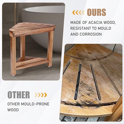 Acacia Wood Corner Shower Stool for Shaving with Storage Shelf, 15-Inch
