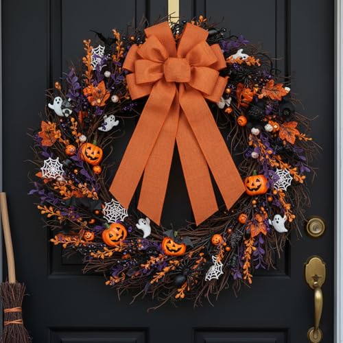 Orange Large Bow for Wreath & Tree Topper - 11x21 Inch Wired Faux Linen