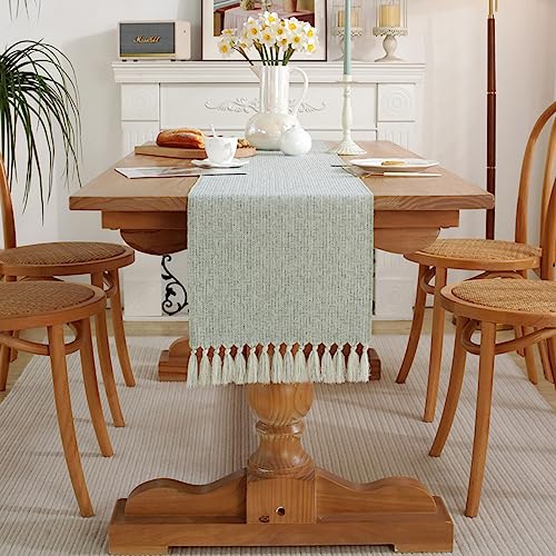 Rakila 13x108 Inch Light Blue Green Tassel Bohemian Farmhouse Table Runner
