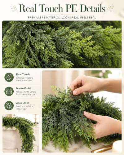 LAOWUJA 9FT Artificial Christmas Cedar Garland Real Touch Pine Greenery – 9FT / 1
