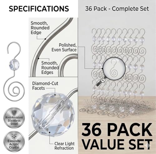 Silver Ornament Hooks with Crystal Accent - 36 Pack Stainless Steel Tree Hangers