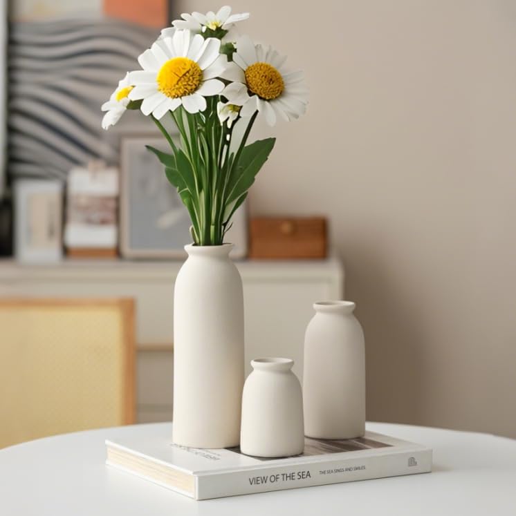 Ceramic Vase Set of 3 - Distressed Beige Vases for Pampas Grass & Decor