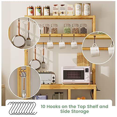 FORABAMB 31.5''W Bamboo Bakers Rack with Power Outlets, 8-Tier Kitchen Storage Shelf