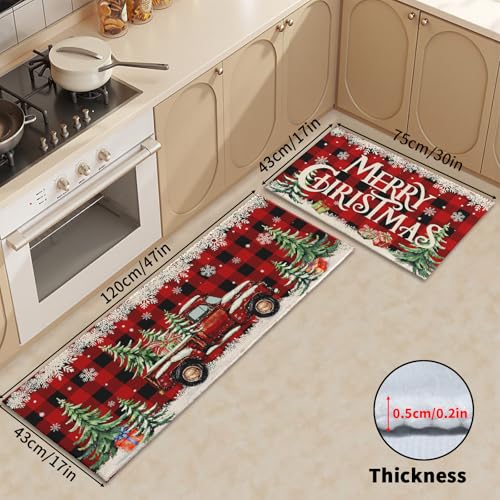 Merry Christmas Kitchen Rugs Set of 2 17x30 & 17x47 in Red Truck Snowflake Buffalo Plaid