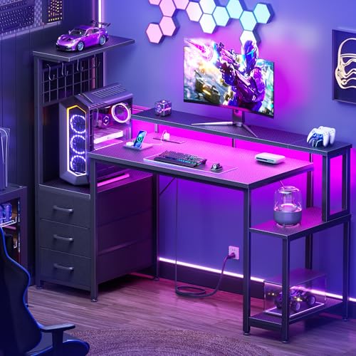 48" Gaming Desk with LED Lights, Power Outlets, Storage Drawers & Monitor Stand