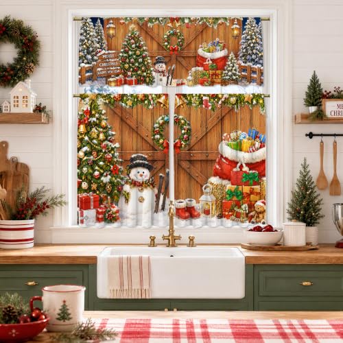 Woaoce Christmas Farmhouse Window Curtain Set 3 Pieces Snowman & Holiday Decor