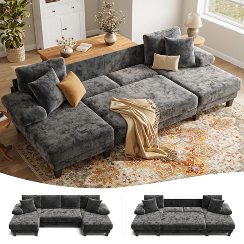 112-Inch U-Shaped Sleeper Sofa with Pull-Out Bed - Dark Grey Chenille