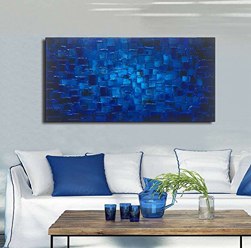 Hand Painted Abstract Textured Canvas Wall Art - Dark Blue Squares 40x20