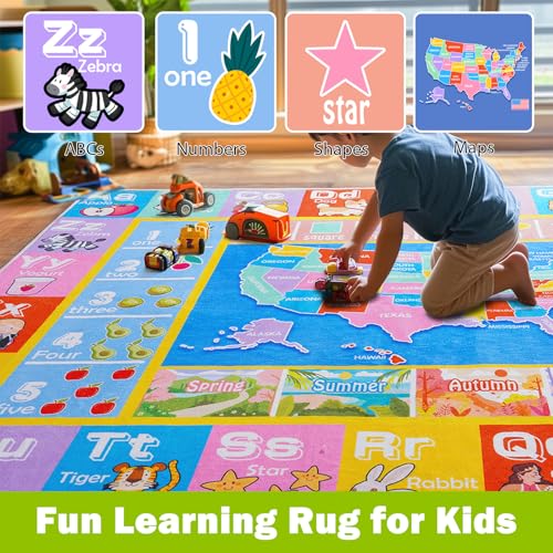 Educational Kids Playroom Rug, 3x4 ft Non-Slip ABC Alphabet & World Map Mat