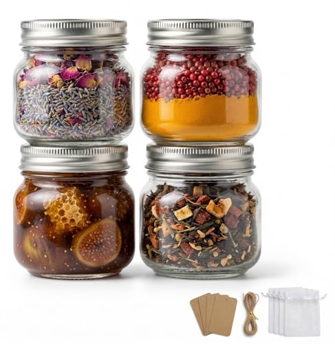 8 oz Wide Mouth Mason Jars with Airtight Lids - 4 Pack Clear Glass Jars