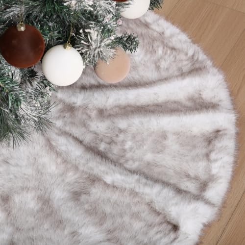 72 Inch Faux Fur Christmas Tree Skirt - Thick White Brown Tip Luxury Decor
