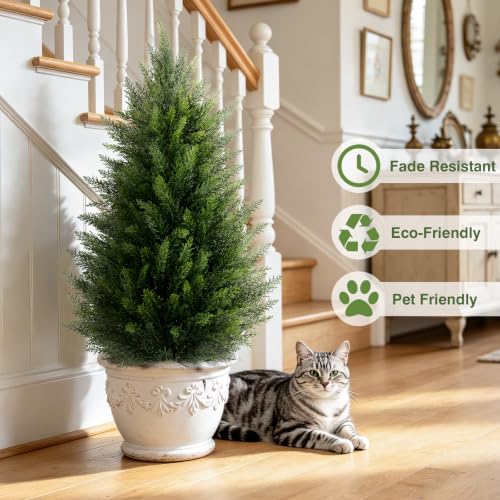 3FT Artificial Cedar Topiary Trees Set of 2 - Outdoor Weatherproof Faux Trees